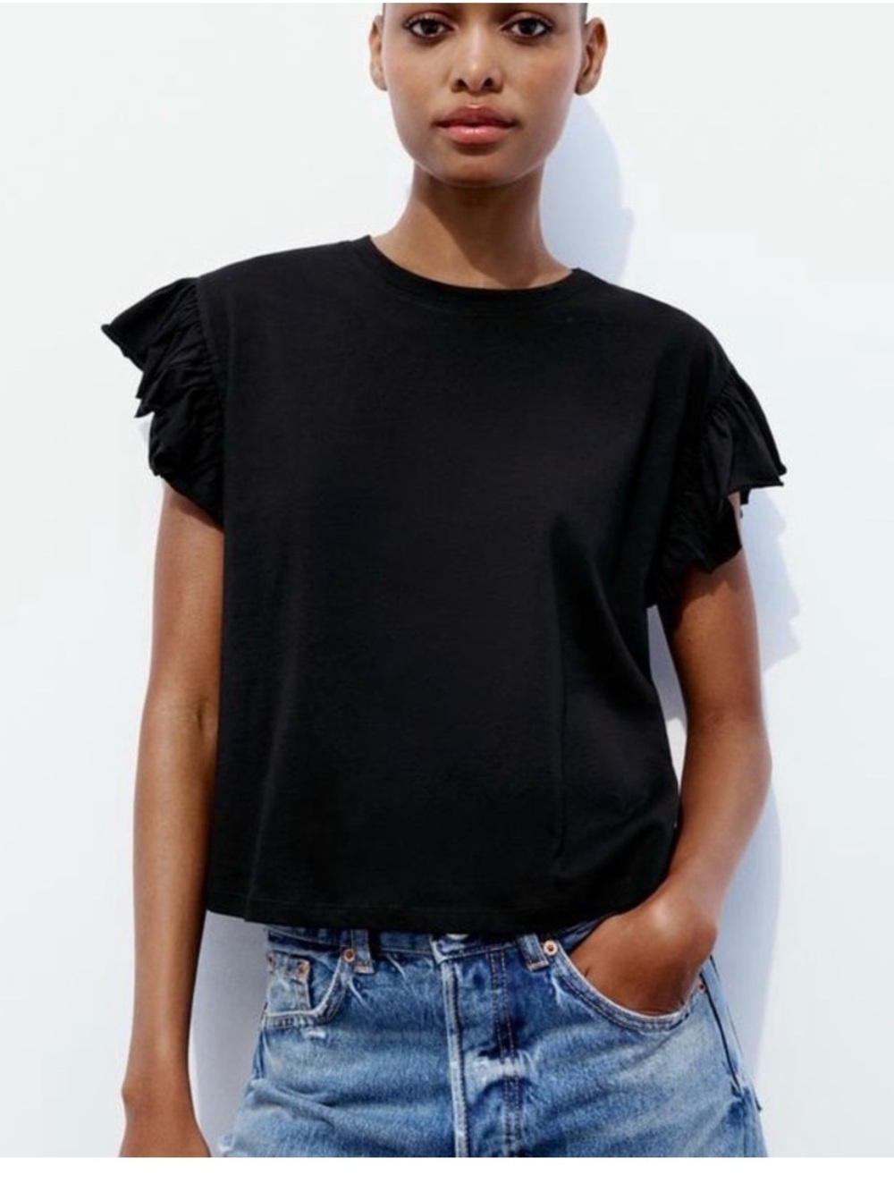 Zara Black Ruffle Sleeve Tee